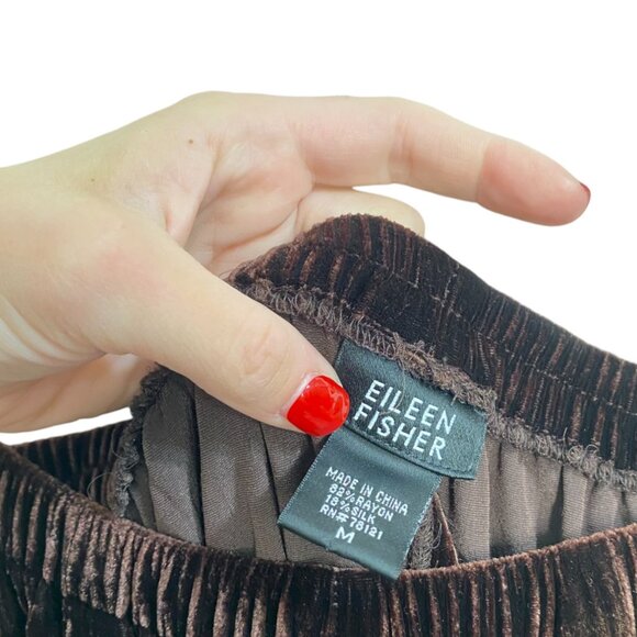 VTG Eileen Fisher Brown Velvet Button Front Long Sleeve Luxe Top Pant Set Sz M - Picture 5 of 6